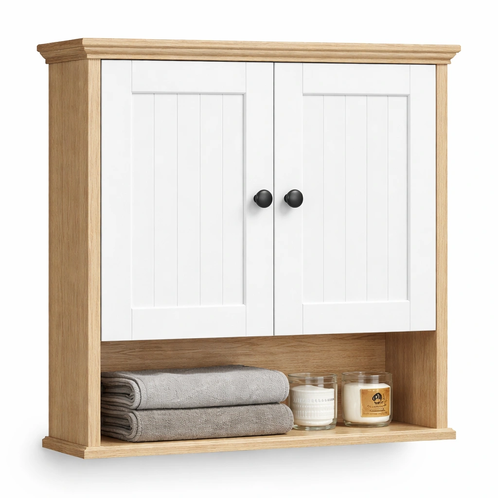 Armario de pared blanco con estante abierto y acabado madera-cozanoe